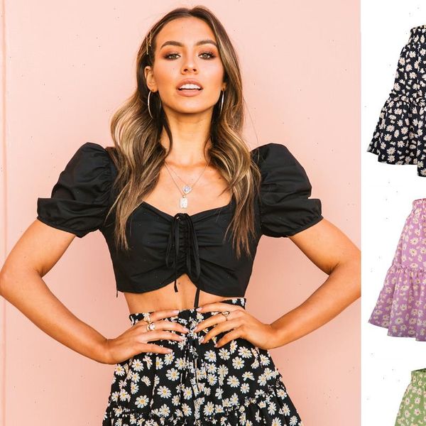 in 2021 summer popular women floral short skirt net red small daisy print wrinkling skirt cute girls dance skirts, Black